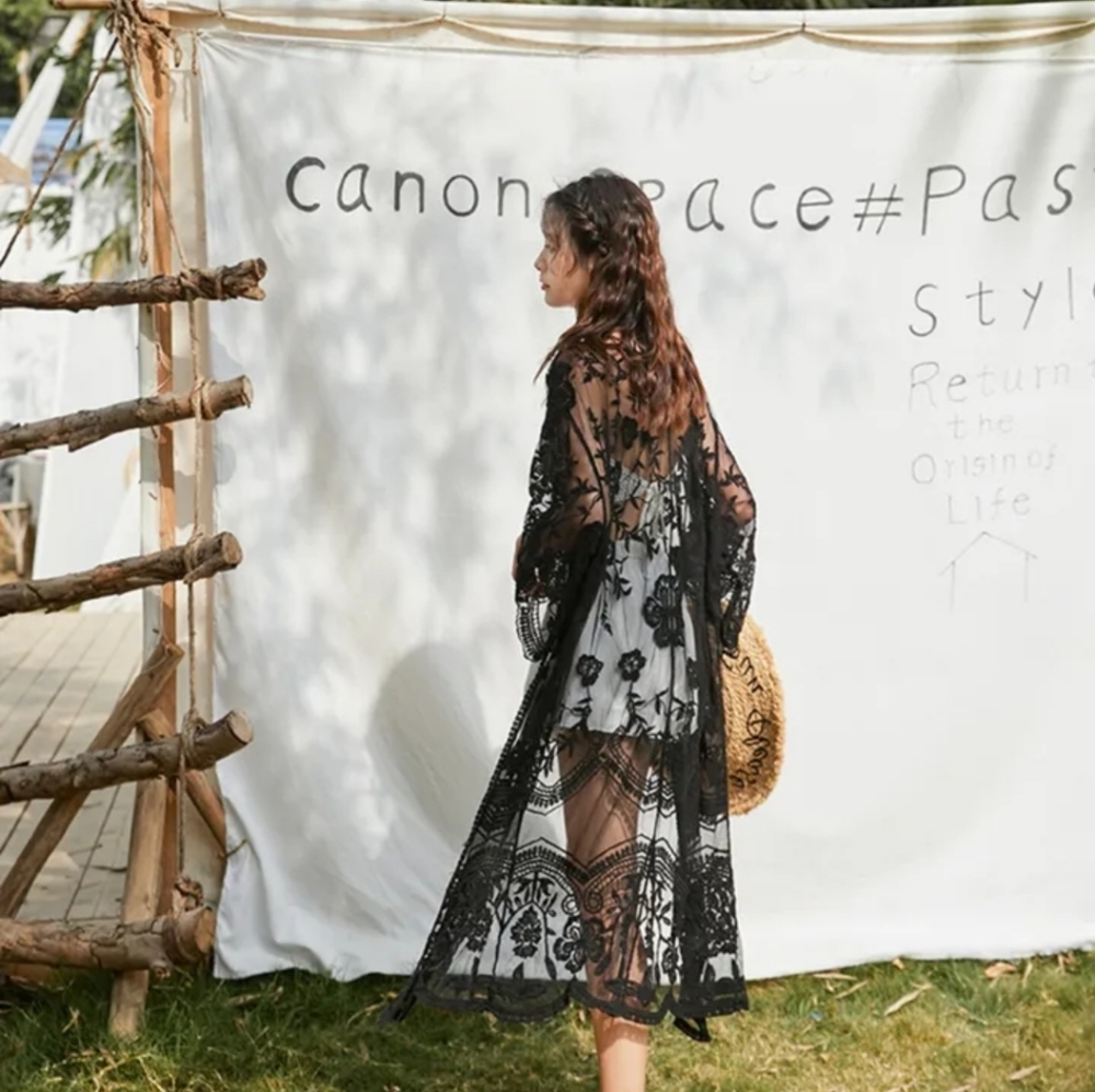 New Beautiful Vintage Look Floral Lace Kimono Duster Cover Up Black